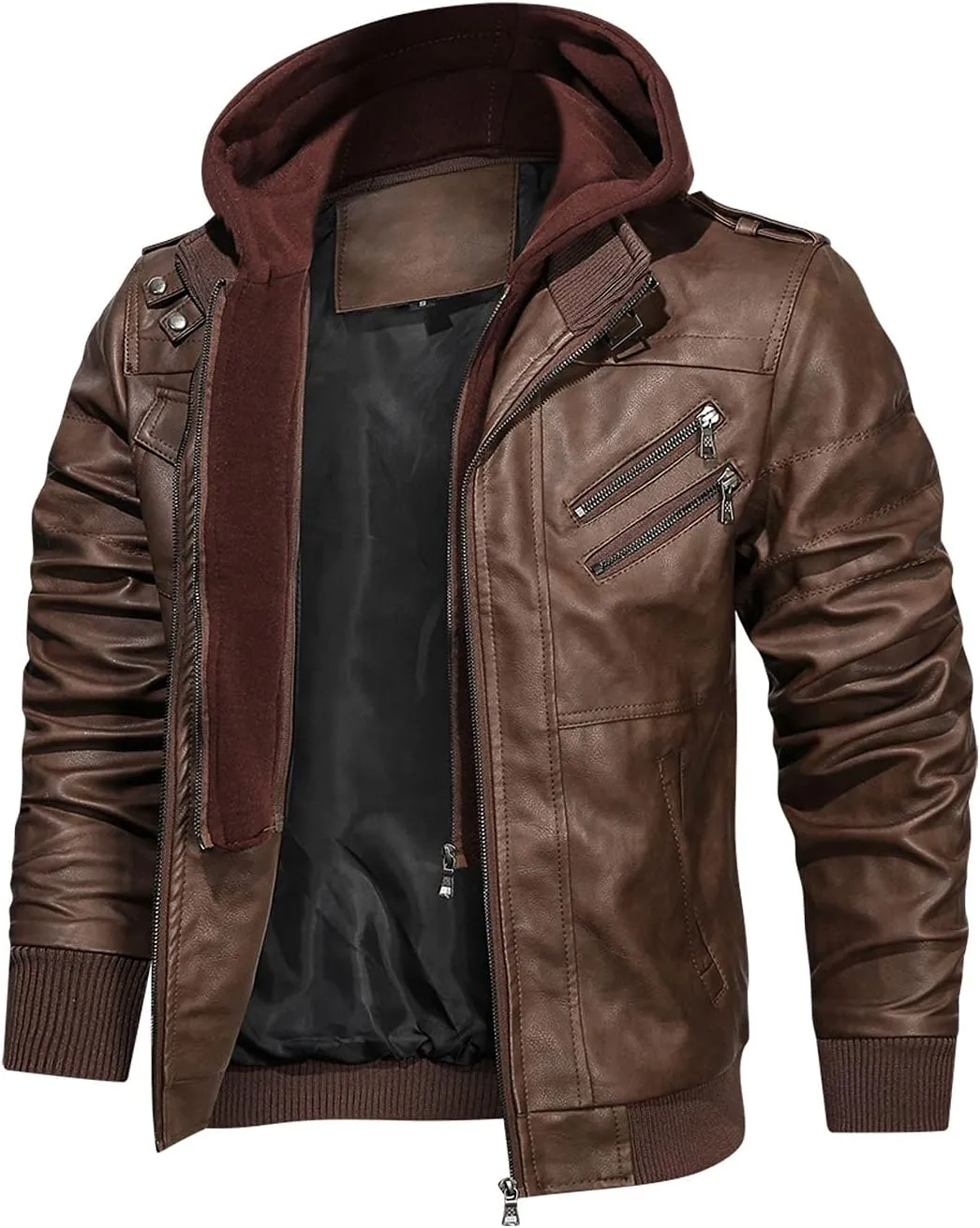 HOOD CREW Mens Casual Stand Collar PU Faux Leather Zip-Up Motorcycle Bomber Jacket With a Removable Hood