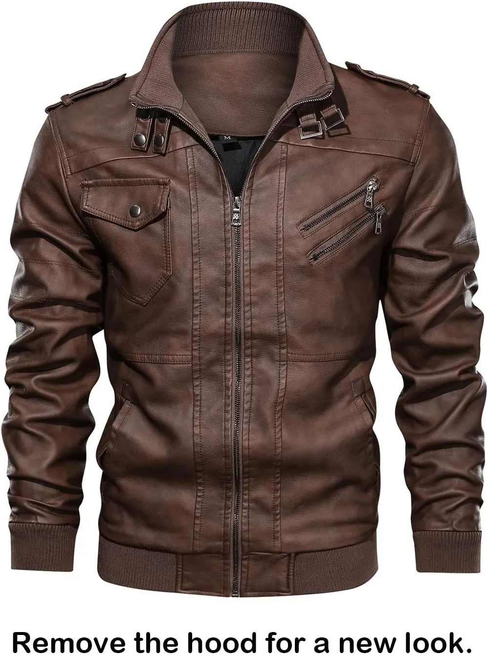 HOOD CREW Mens Casual Stand Collar PU Faux Leather Zip-Up Motorcycle Bomber Jacket With a Removable Hood