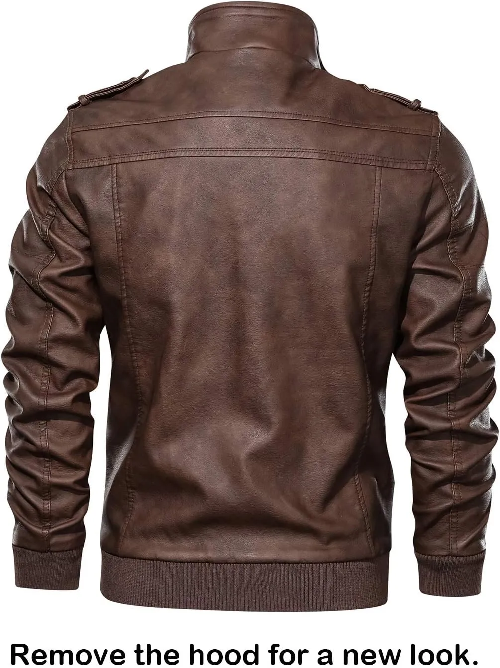 HOOD CREW Mens Casual Stand Collar PU Faux Leather Zip-Up Motorcycle Bomber Jacket With a Removable Hood