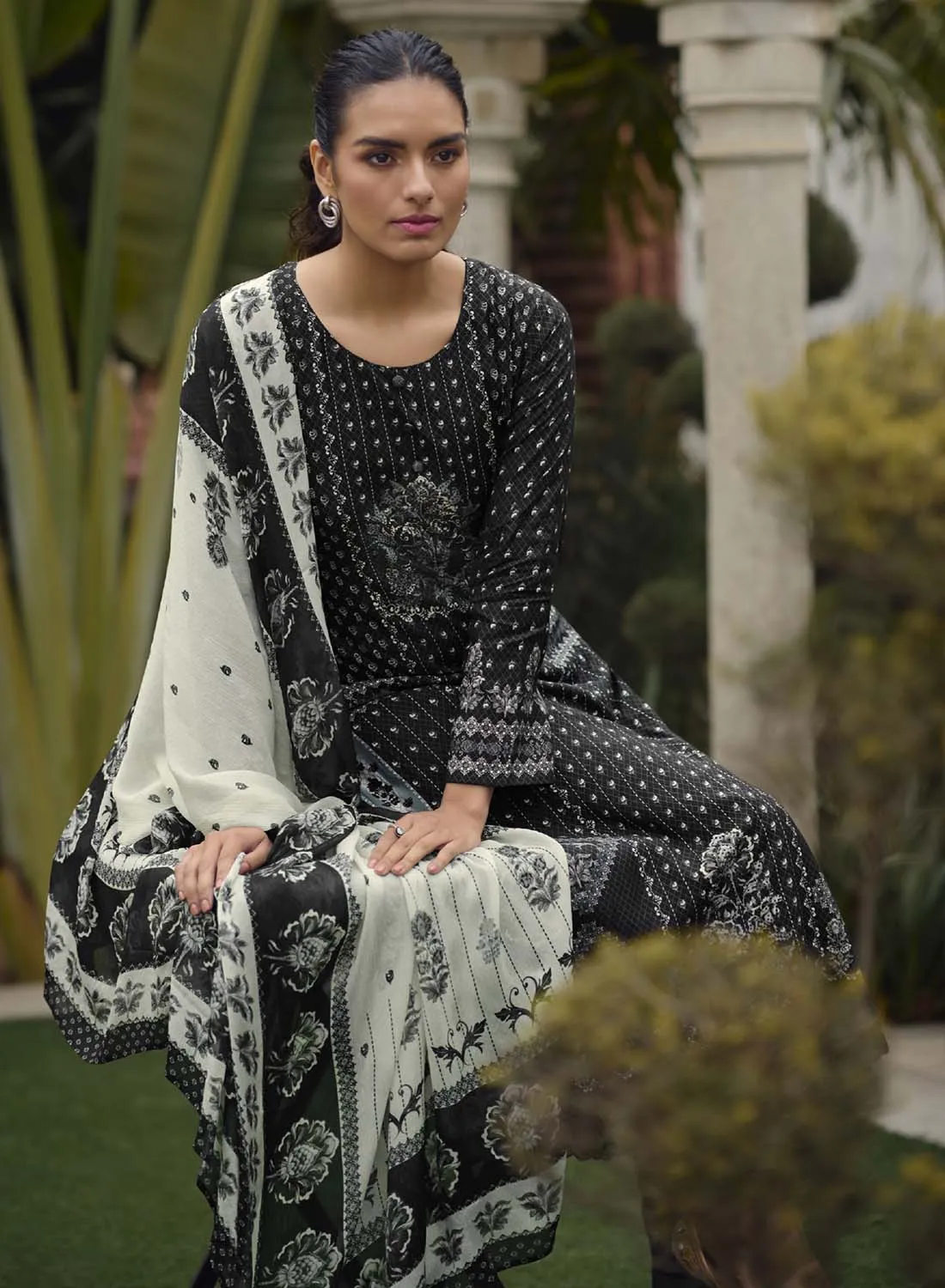 Ibiza Pure Muslin Fancy Black Unstitched Suit Material for Ladies