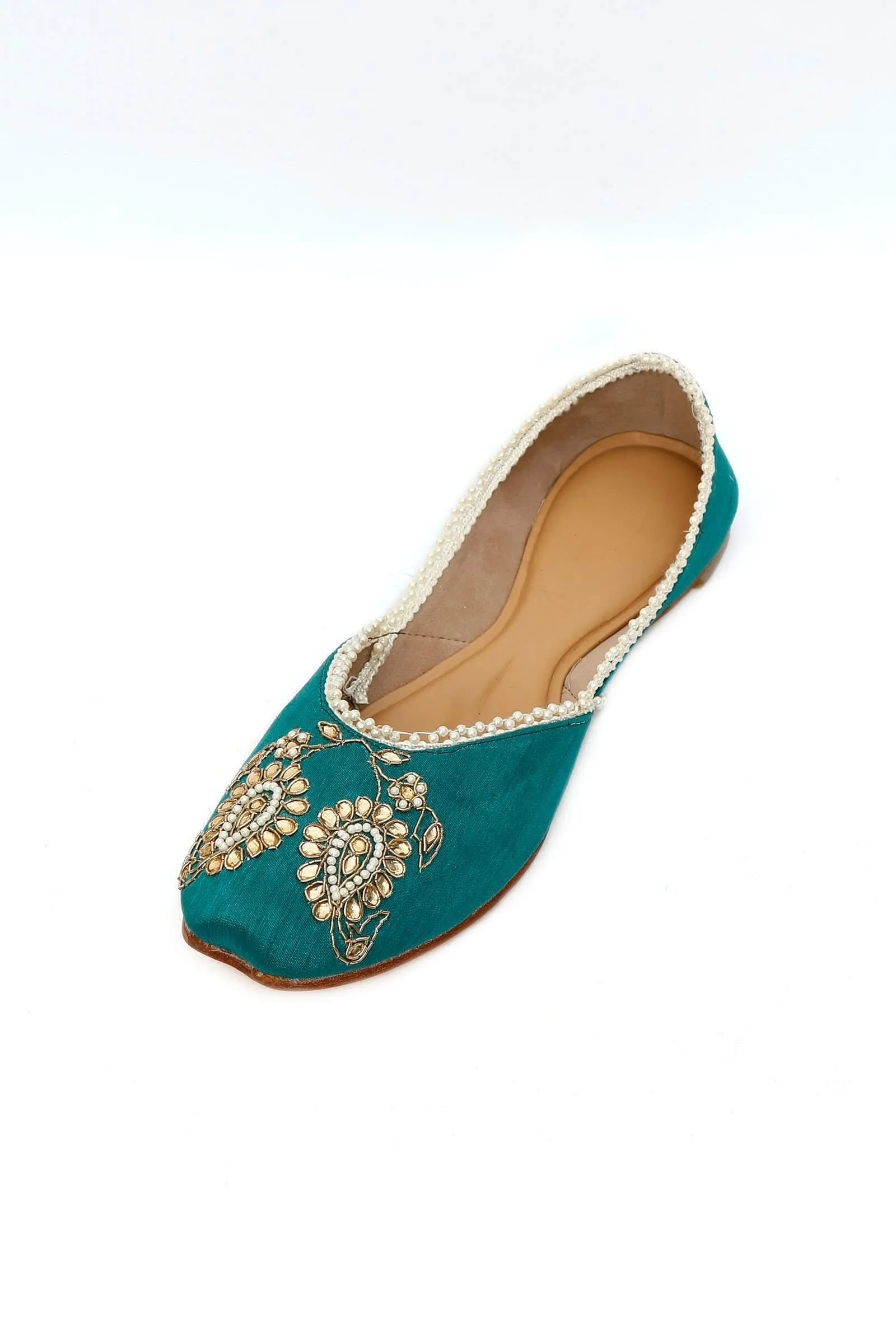 Juhi Teal Raw Silk Zardozi Juttis