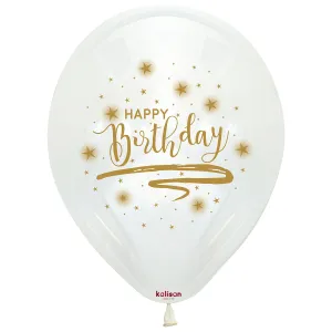 Kalisan Happy Birthday White/Transparent Gold Printed Latex Balloon, 25 pieces