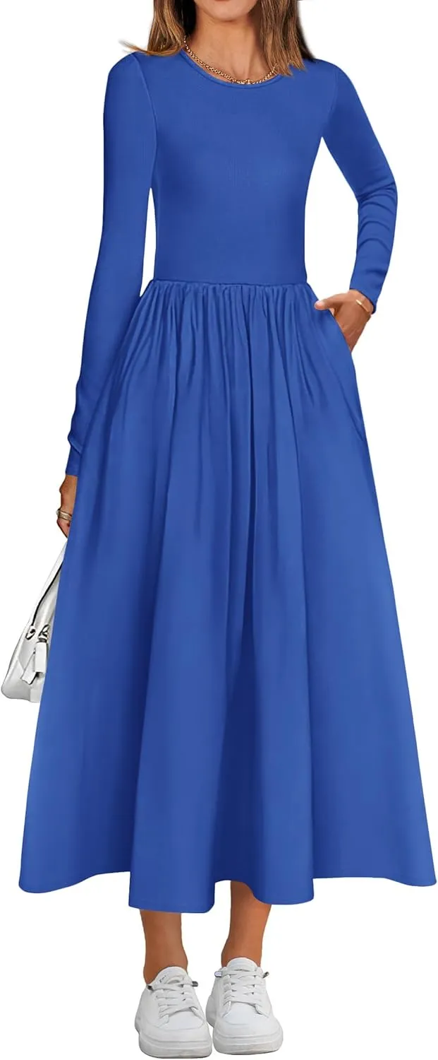 KIRUNDO Women's Casual Long Sleeve Spring Wedding Guest Dress 2025 Summer Fall Elegant Boho Flowy Midi Dresses Pockets