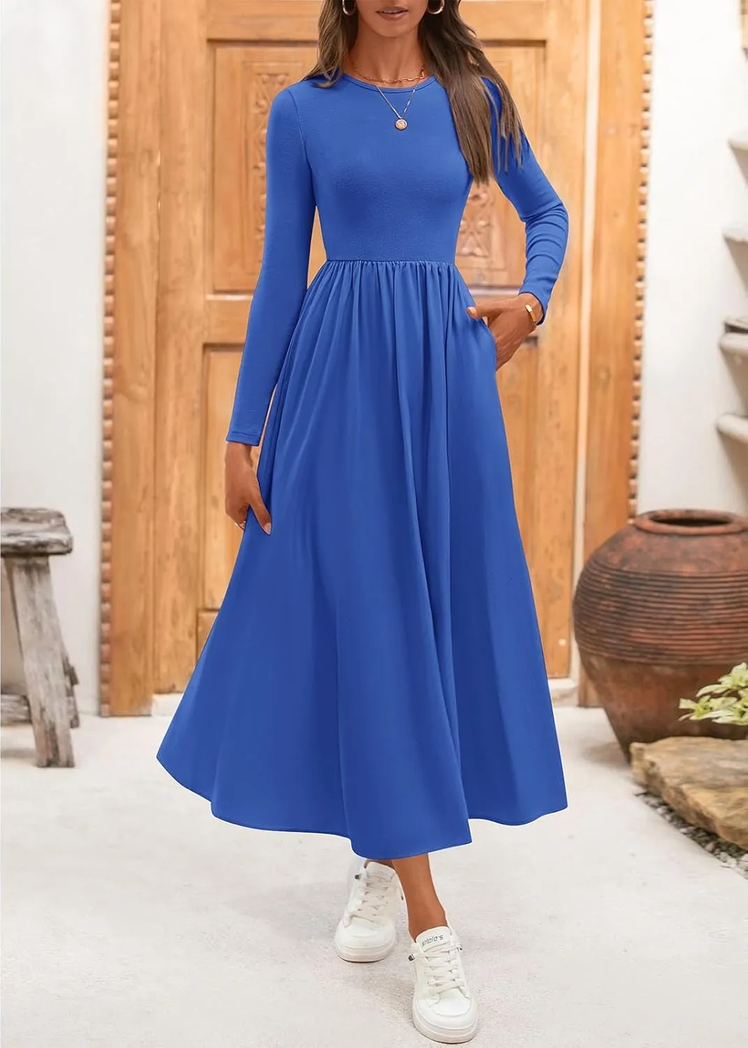 KIRUNDO Women's Casual Long Sleeve Spring Wedding Guest Dress 2025 Summer Fall Elegant Boho Flowy Midi Dresses Pockets