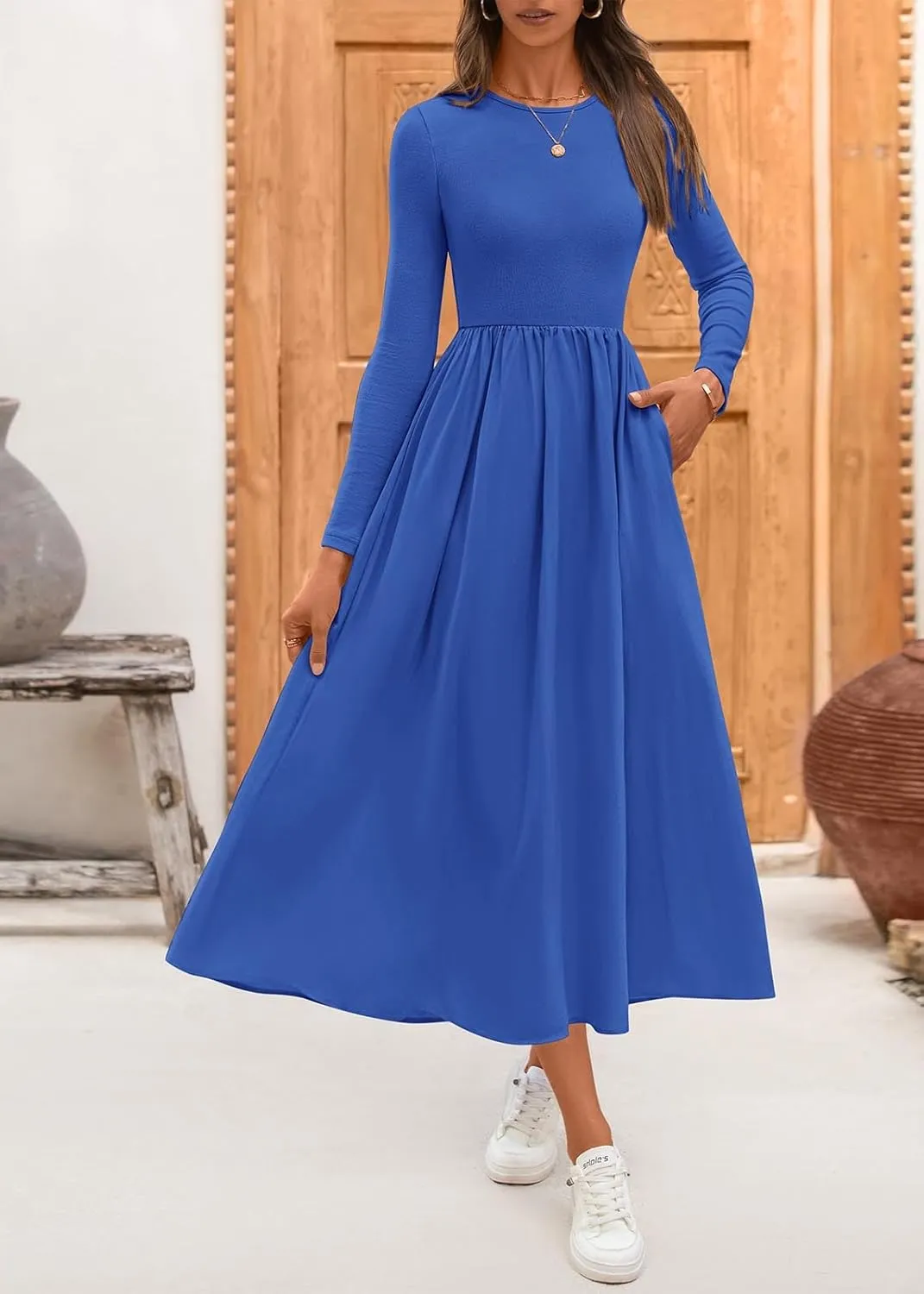 KIRUNDO Women's Casual Long Sleeve Spring Wedding Guest Dress 2025 Summer Fall Elegant Boho Flowy Midi Dresses Pockets