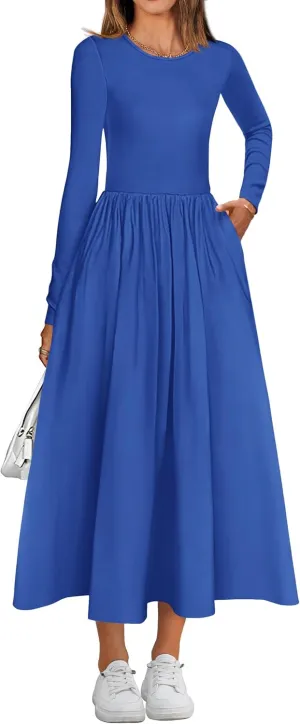 KIRUNDO Women's Casual Long Sleeve Spring Wedding Guest Dress 2025 Summer Fall Elegant Boho Flowy Midi Dresses Pockets