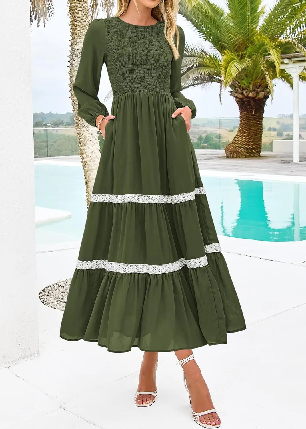 KIRUNDO Womens Smocked Long Sleeve Maxi Dress Wedding Guest Spring Fall Boho Tiered Lace Trim Flowy Long Dresses Pockets