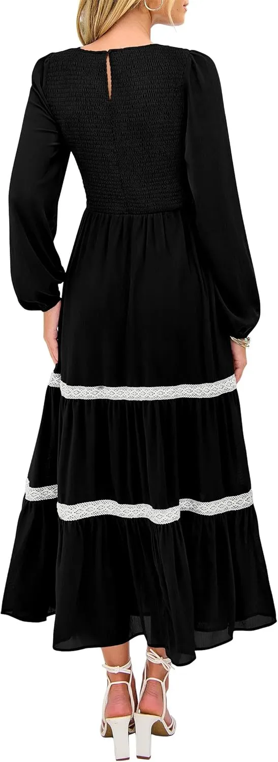 KIRUNDO Womens Smocked Long Sleeve Maxi Dress Wedding Guest Spring Fall Boho Tiered Lace Trim Flowy Long Dresses Pockets