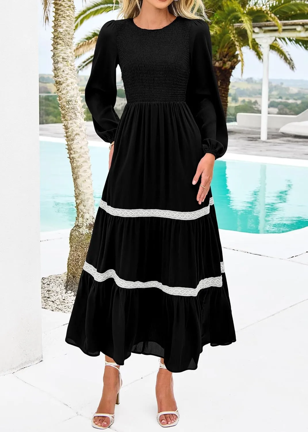 KIRUNDO Womens Smocked Long Sleeve Maxi Dress Wedding Guest Spring Fall Boho Tiered Lace Trim Flowy Long Dresses Pockets
