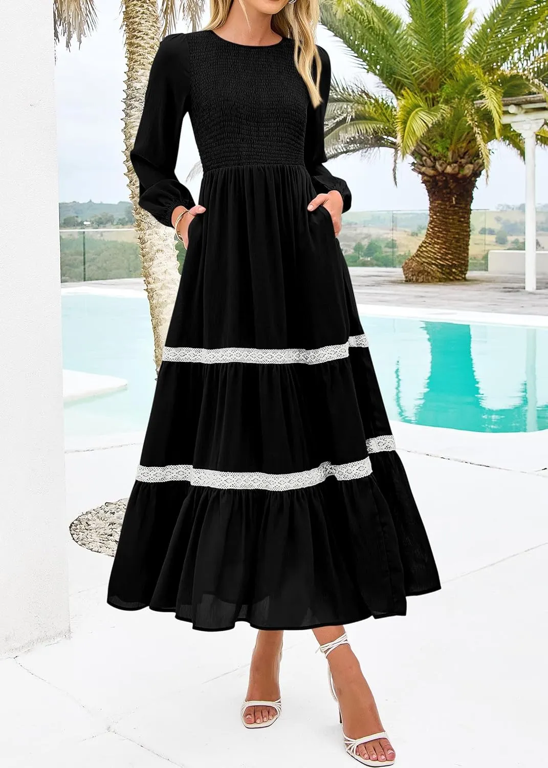 KIRUNDO Womens Smocked Long Sleeve Maxi Dress Wedding Guest Spring Fall Boho Tiered Lace Trim Flowy Long Dresses Pockets
