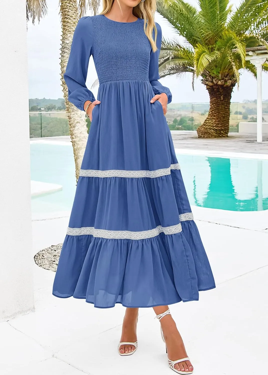 KIRUNDO Womens Smocked Long Sleeve Maxi Dress Wedding Guest Spring Fall Boho Tiered Lace Trim Flowy Long Dresses Pockets
