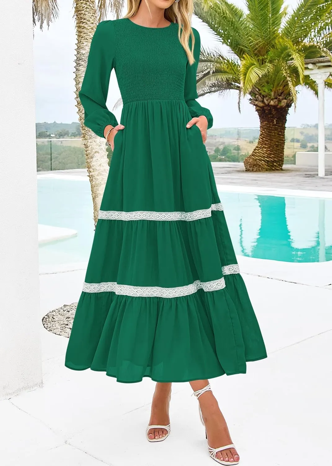 KIRUNDO Womens Smocked Long Sleeve Maxi Dress Wedding Guest Spring Fall Boho Tiered Lace Trim Flowy Long Dresses Pockets