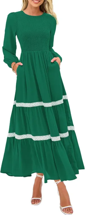 KIRUNDO Womens Smocked Long Sleeve Maxi Dress Wedding Guest Spring Fall Boho Tiered Lace Trim Flowy Long Dresses Pockets
