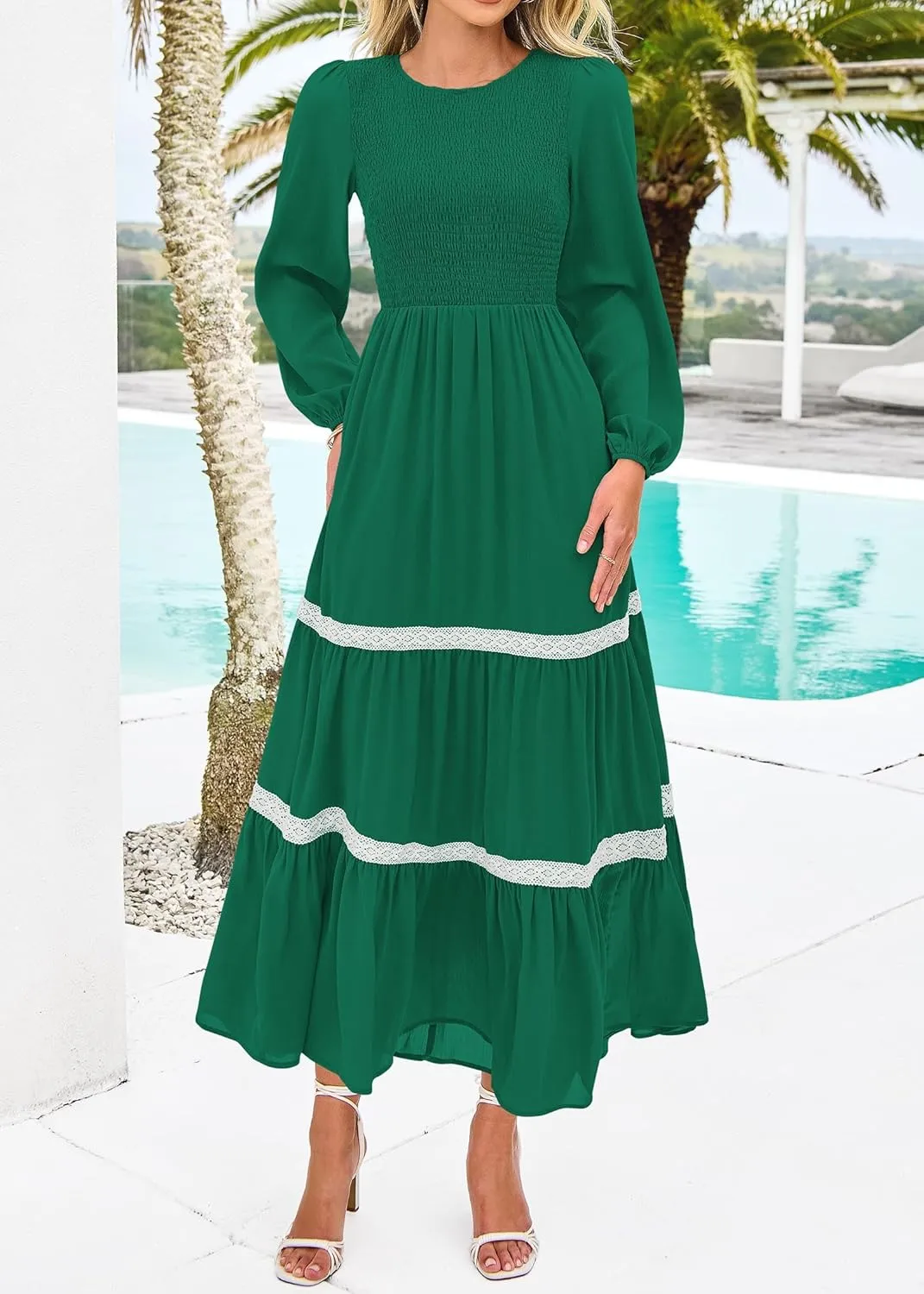 KIRUNDO Womens Smocked Long Sleeve Maxi Dress Wedding Guest Spring Fall Boho Tiered Lace Trim Flowy Long Dresses Pockets