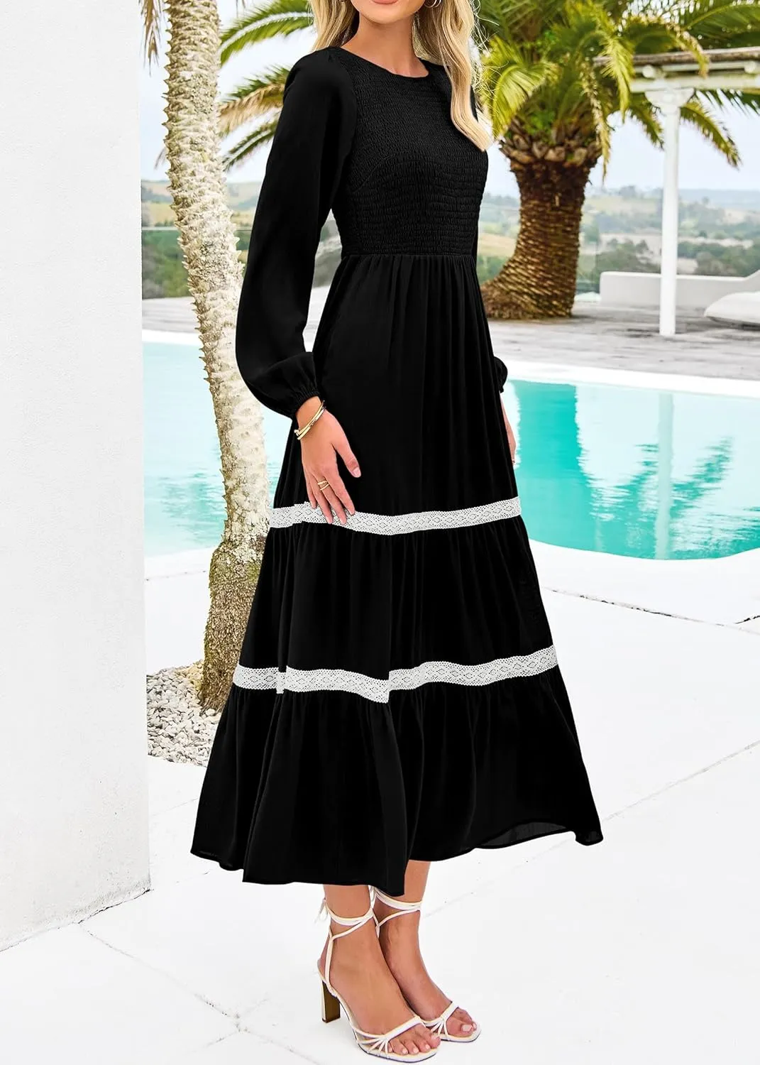 KIRUNDO Womens Smocked Long Sleeve Maxi Dress Wedding Guest Spring Fall Boho Tiered Lace Trim Flowy Long Dresses Pockets