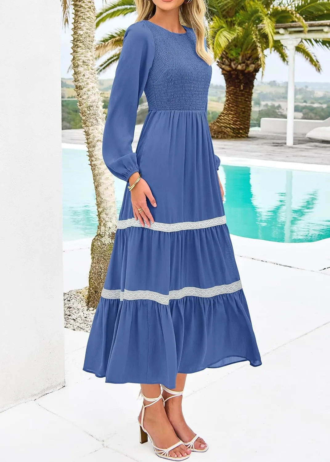 KIRUNDO Womens Smocked Long Sleeve Maxi Dress Wedding Guest Spring Fall Boho Tiered Lace Trim Flowy Long Dresses Pockets