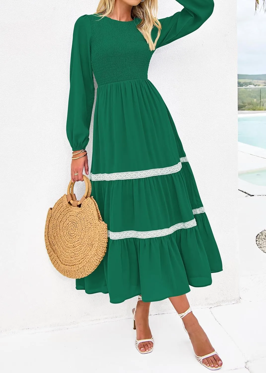 KIRUNDO Womens Smocked Long Sleeve Maxi Dress Wedding Guest Spring Fall Boho Tiered Lace Trim Flowy Long Dresses Pockets
