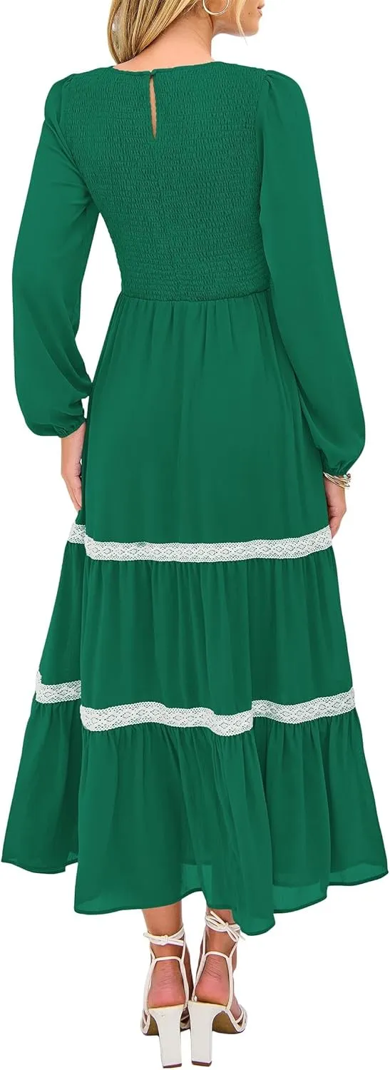 KIRUNDO Womens Smocked Long Sleeve Maxi Dress Wedding Guest Spring Fall Boho Tiered Lace Trim Flowy Long Dresses Pockets