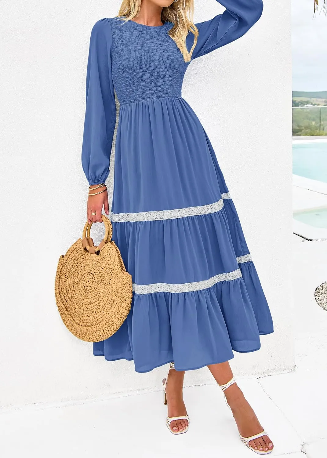 KIRUNDO Womens Smocked Long Sleeve Maxi Dress Wedding Guest Spring Fall Boho Tiered Lace Trim Flowy Long Dresses Pockets