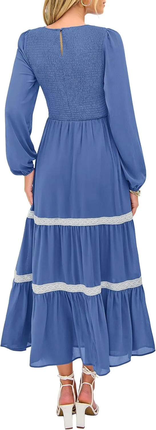 KIRUNDO Womens Smocked Long Sleeve Maxi Dress Wedding Guest Spring Fall Boho Tiered Lace Trim Flowy Long Dresses Pockets