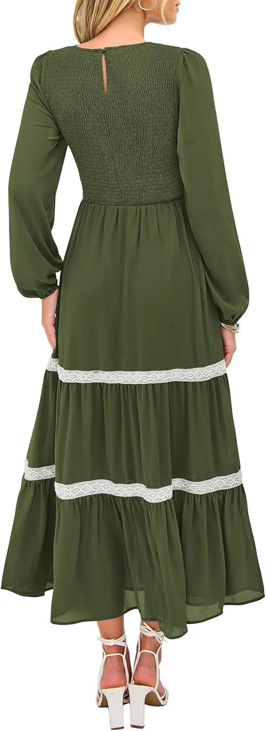 KIRUNDO Womens Smocked Long Sleeve Maxi Dress Wedding Guest Spring Fall Boho Tiered Lace Trim Flowy Long Dresses Pockets