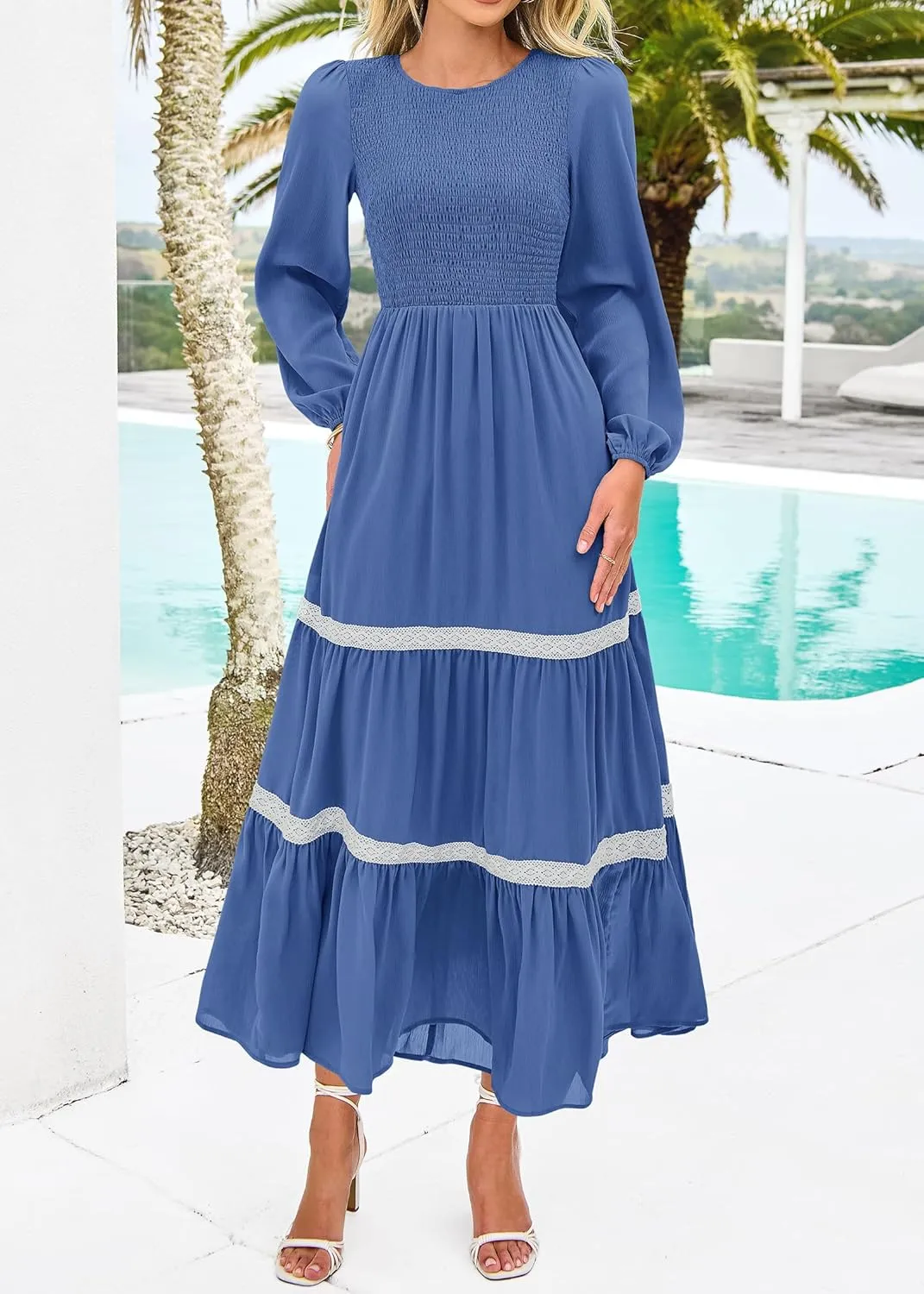 KIRUNDO Womens Smocked Long Sleeve Maxi Dress Wedding Guest Spring Fall Boho Tiered Lace Trim Flowy Long Dresses Pockets