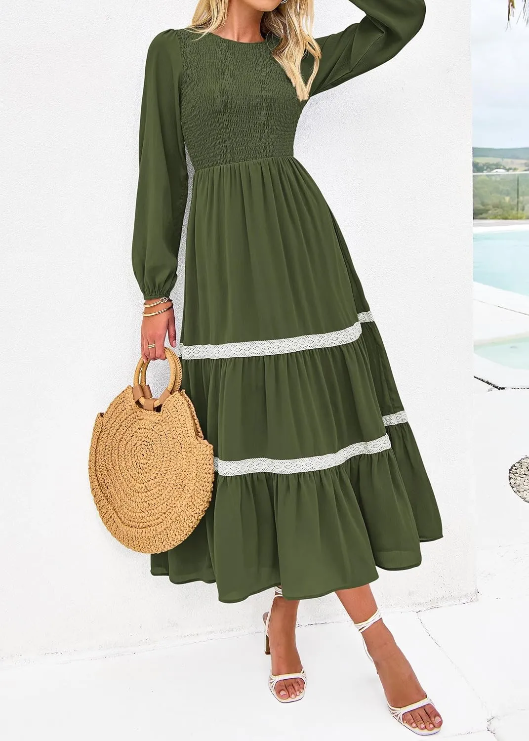 KIRUNDO Womens Smocked Long Sleeve Maxi Dress Wedding Guest Spring Fall Boho Tiered Lace Trim Flowy Long Dresses Pockets