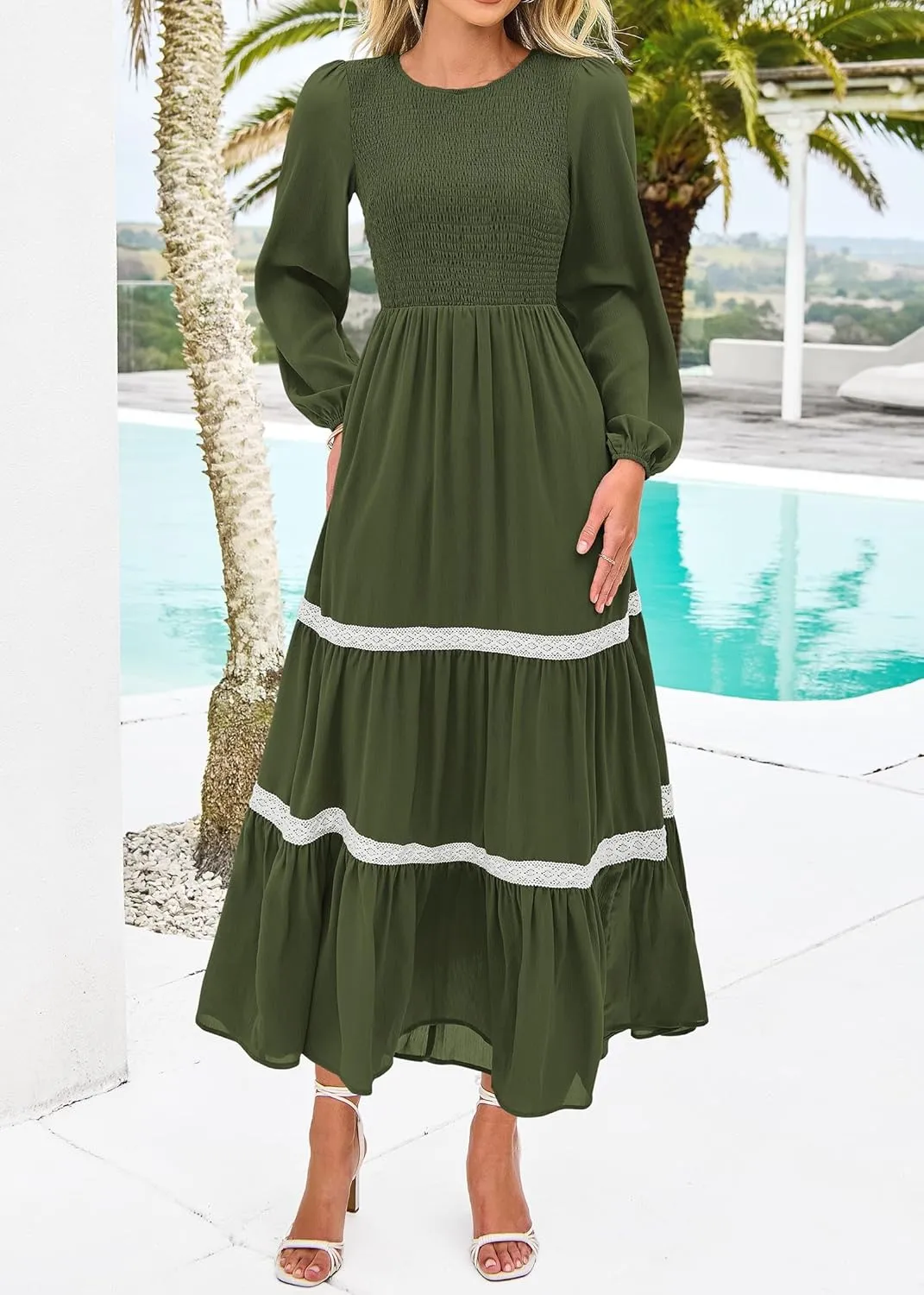 KIRUNDO Womens Smocked Long Sleeve Maxi Dress Wedding Guest Spring Fall Boho Tiered Lace Trim Flowy Long Dresses Pockets