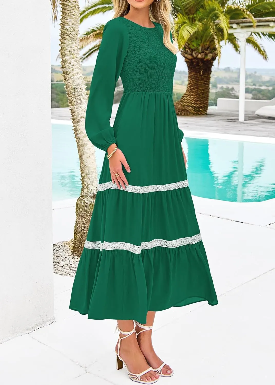 KIRUNDO Womens Smocked Long Sleeve Maxi Dress Wedding Guest Spring Fall Boho Tiered Lace Trim Flowy Long Dresses Pockets
