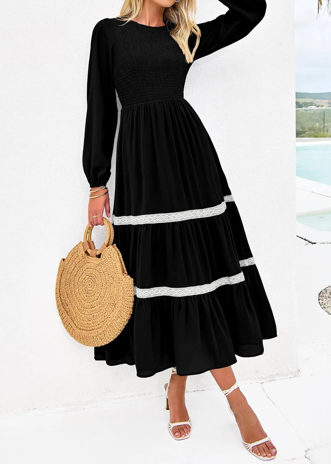 KIRUNDO Womens Smocked Long Sleeve Maxi Dress Wedding Guest Spring Fall Boho Tiered Lace Trim Flowy Long Dresses Pockets