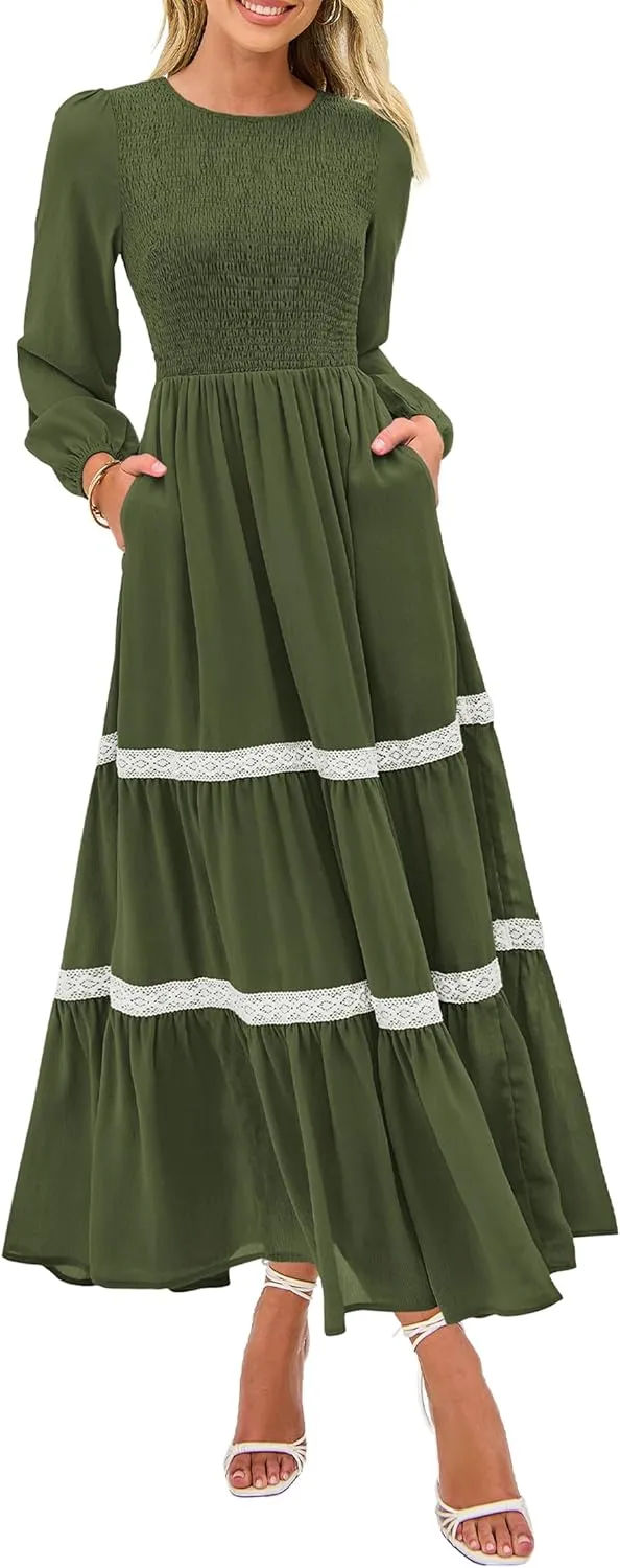 KIRUNDO Womens Smocked Long Sleeve Maxi Dress Wedding Guest Spring Fall Boho Tiered Lace Trim Flowy Long Dresses Pockets