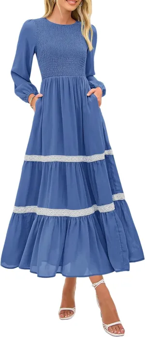 KIRUNDO Womens Smocked Long Sleeve Maxi Dress Wedding Guest Spring Fall Boho Tiered Lace Trim Flowy Long Dresses Pockets