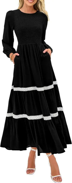 KIRUNDO Womens Smocked Long Sleeve Maxi Dress Wedding Guest Spring Fall Boho Tiered Lace Trim Flowy Long Dresses Pockets