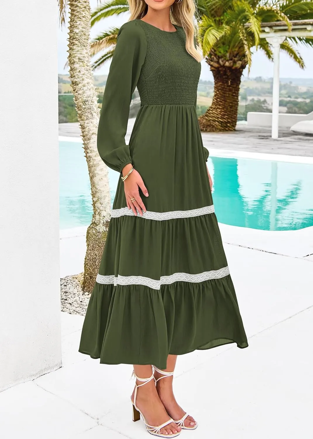 KIRUNDO Womens Smocked Long Sleeve Maxi Dress Wedding Guest Spring Fall Boho Tiered Lace Trim Flowy Long Dresses Pockets