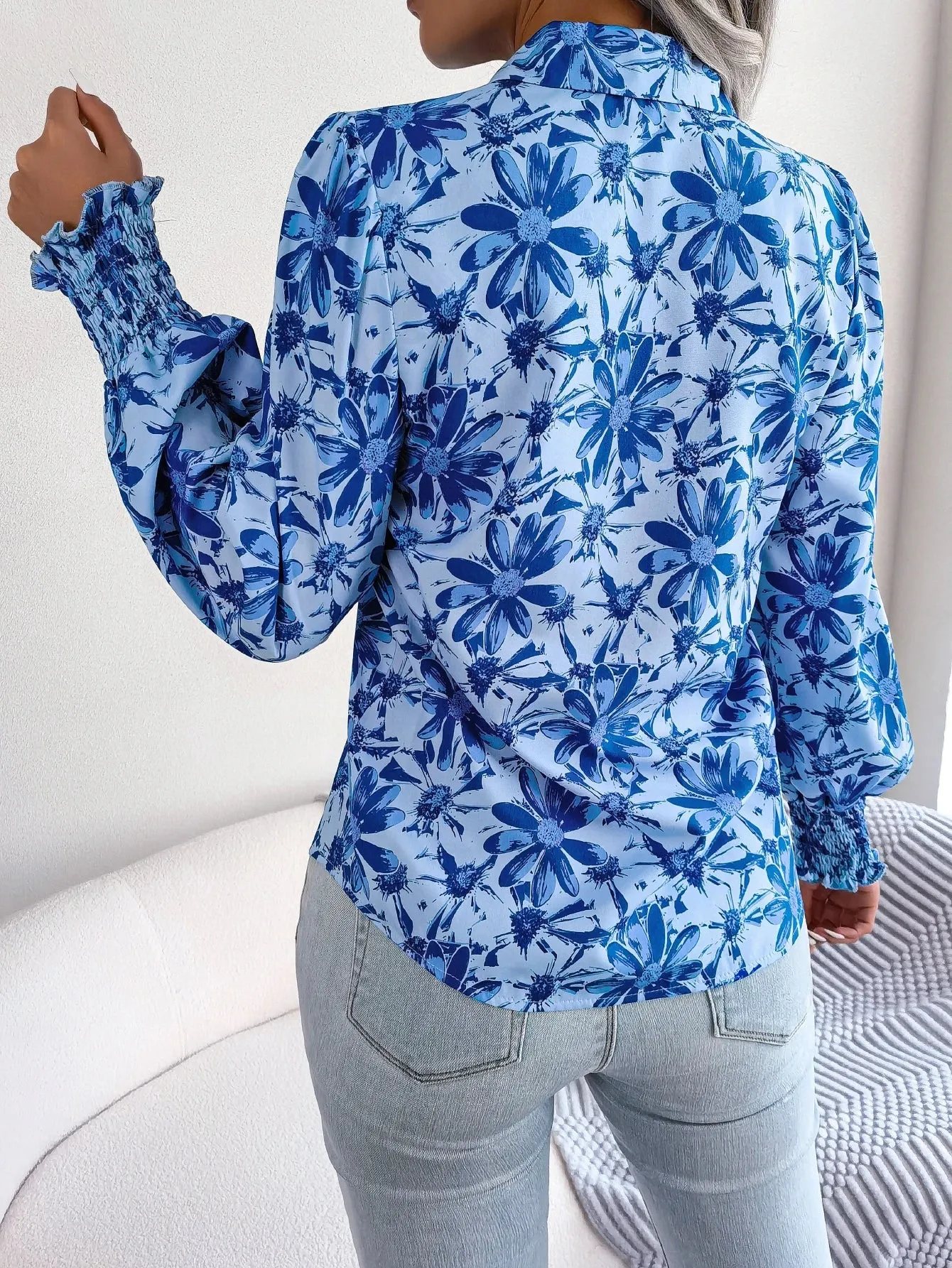 Lapel Casual Long Button Flower Print Women's Sleeve Blouse