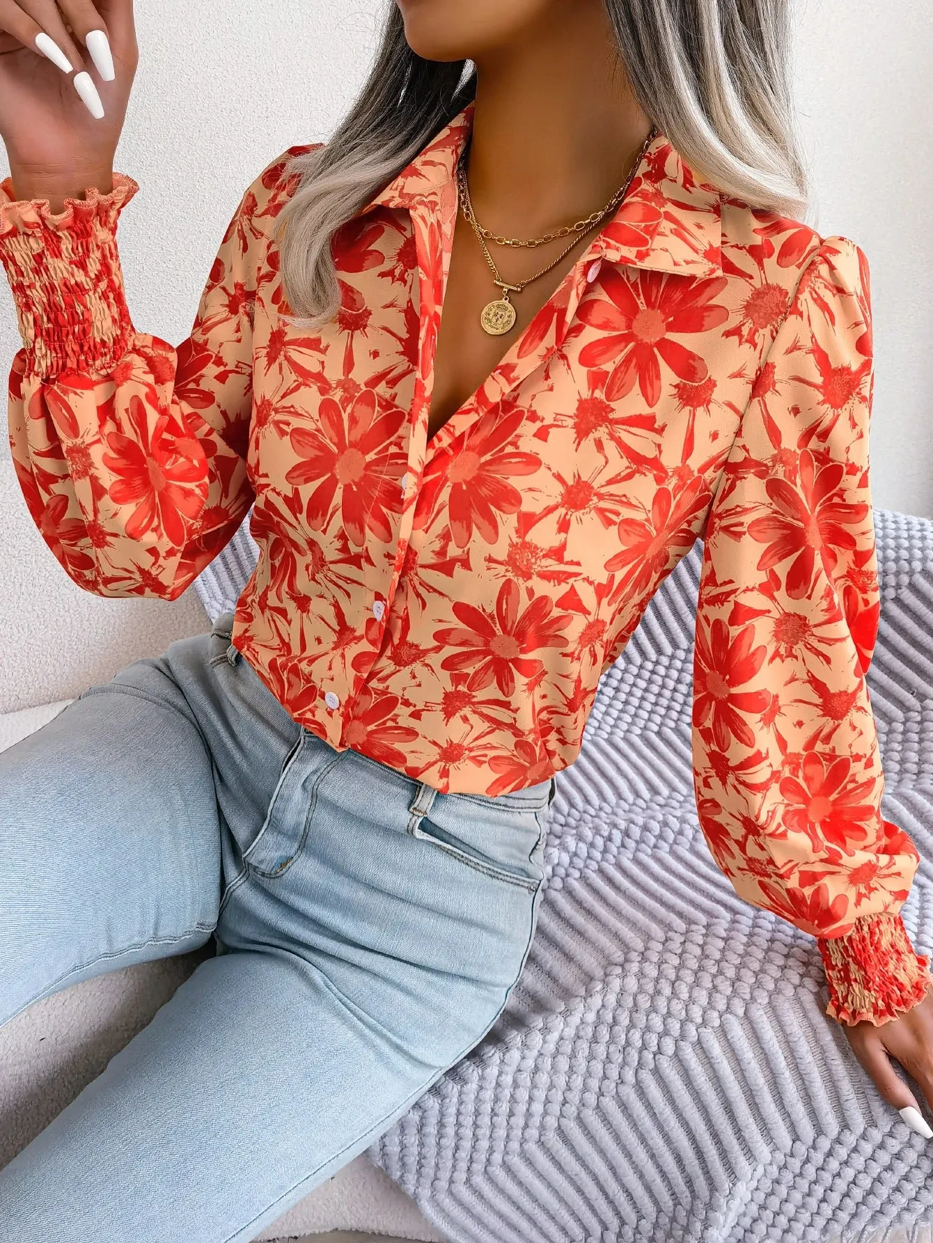 Lapel Casual Long Button Flower Print Women's Sleeve Blouse