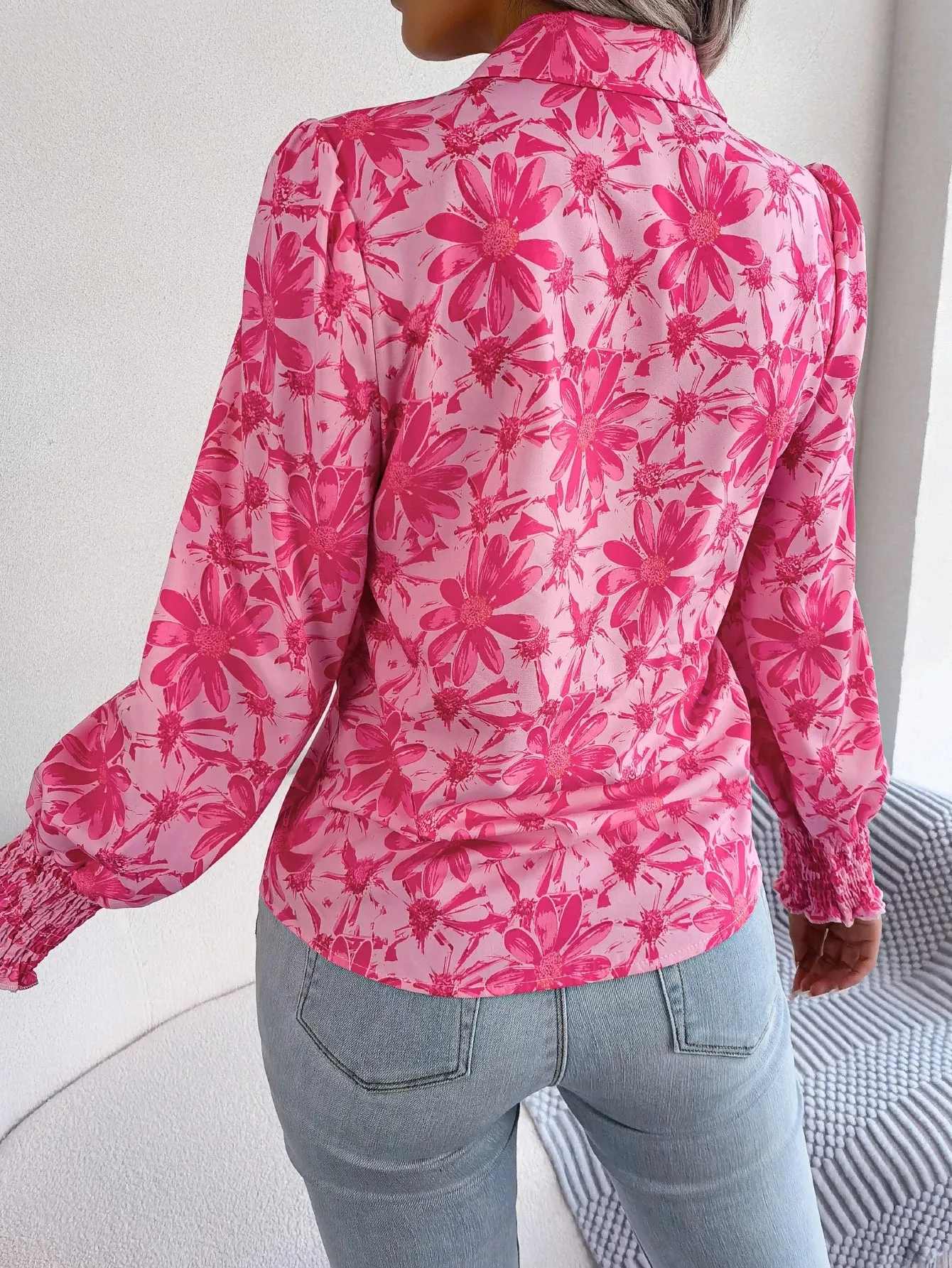 Lapel Casual Long Button Flower Print Women's Sleeve Blouse