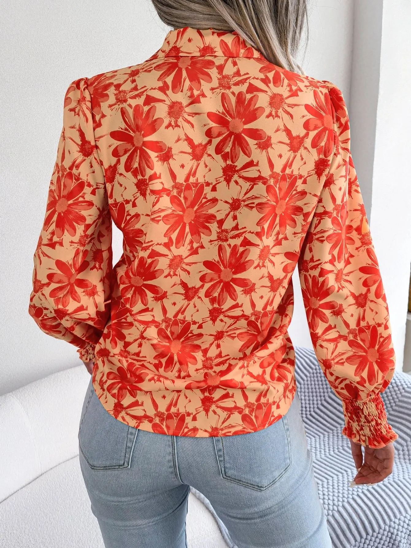 Lapel Casual Long Button Flower Print Women's Sleeve Blouse