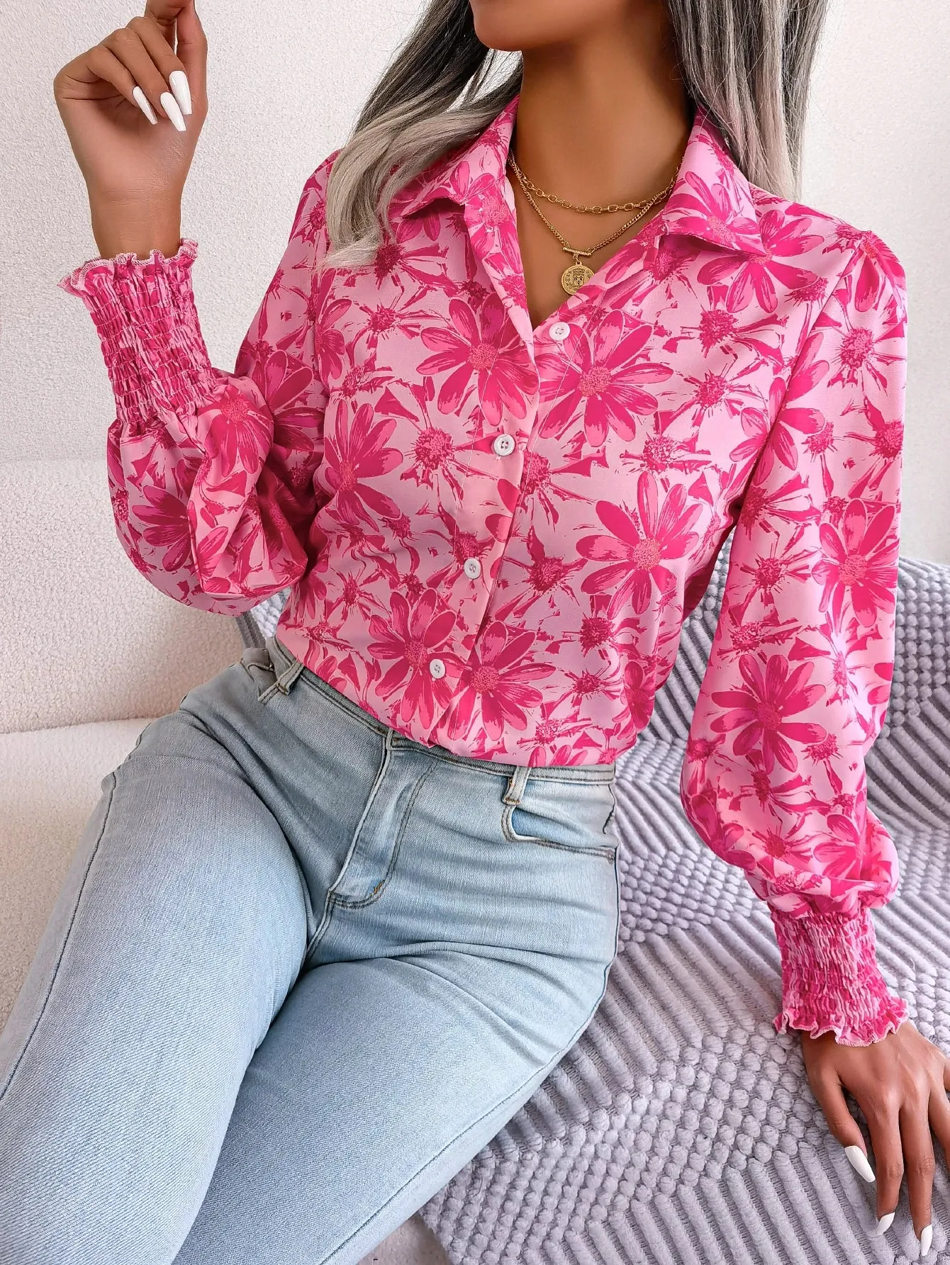 Lapel Casual Long Button Flower Print Women's Sleeve Blouse