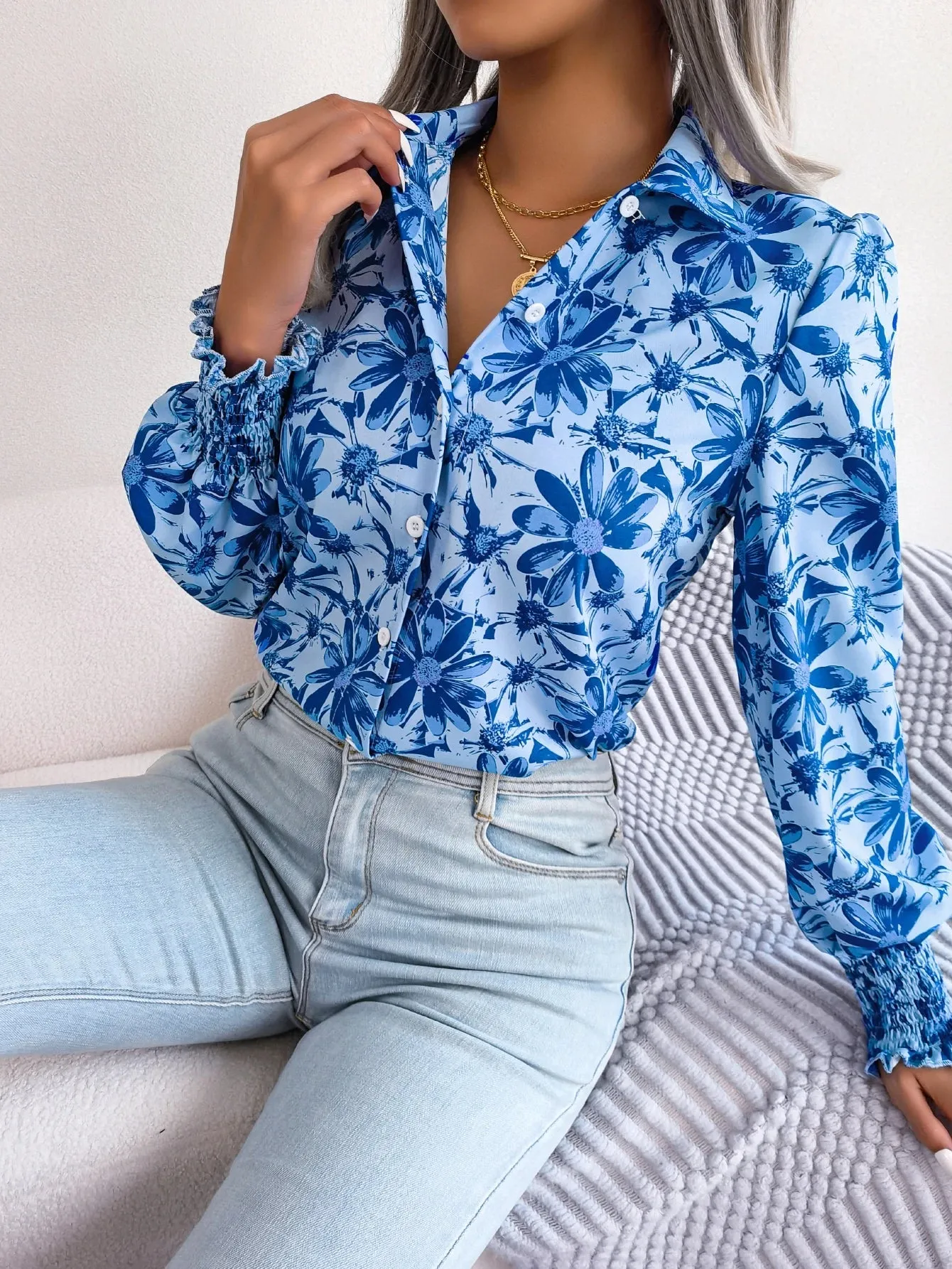 Lapel Casual Long Button Flower Print Women's Sleeve Blouse