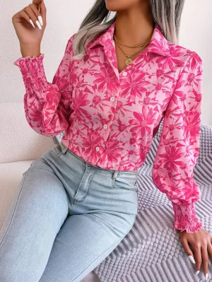 Lapel Casual Long Button Flower Print Women's Sleeve Blouse