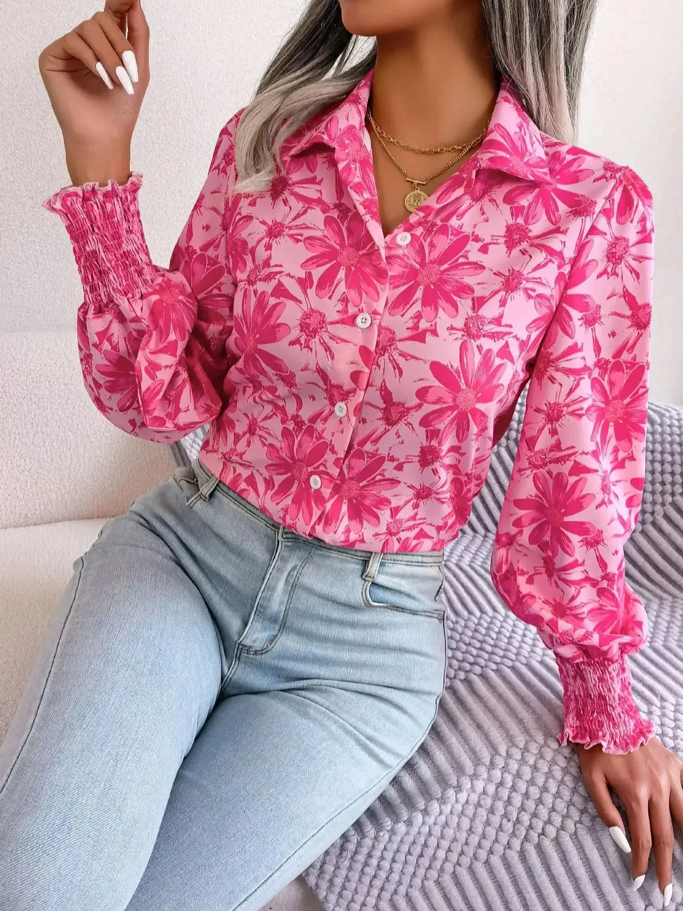 Lapel Casual Long Button Flower Print Women's Sleeve Blouse