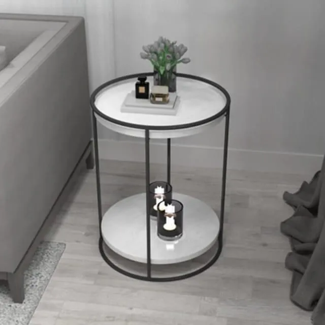 Marble Top 2 Tier Side Table With Storage Shelf | Living Room End Table Black Color