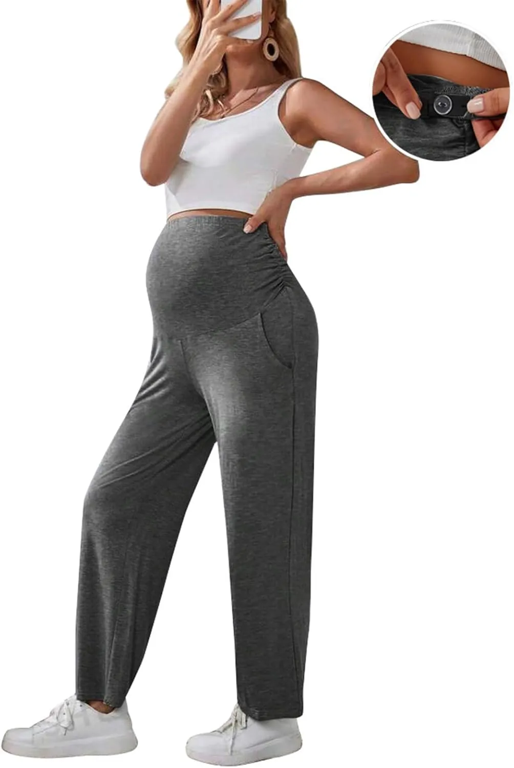 Maternity Pants Wide Leg Over The Belly Pregnancy Casual and Work Trousers Maternity Pajama Pants with Pockets