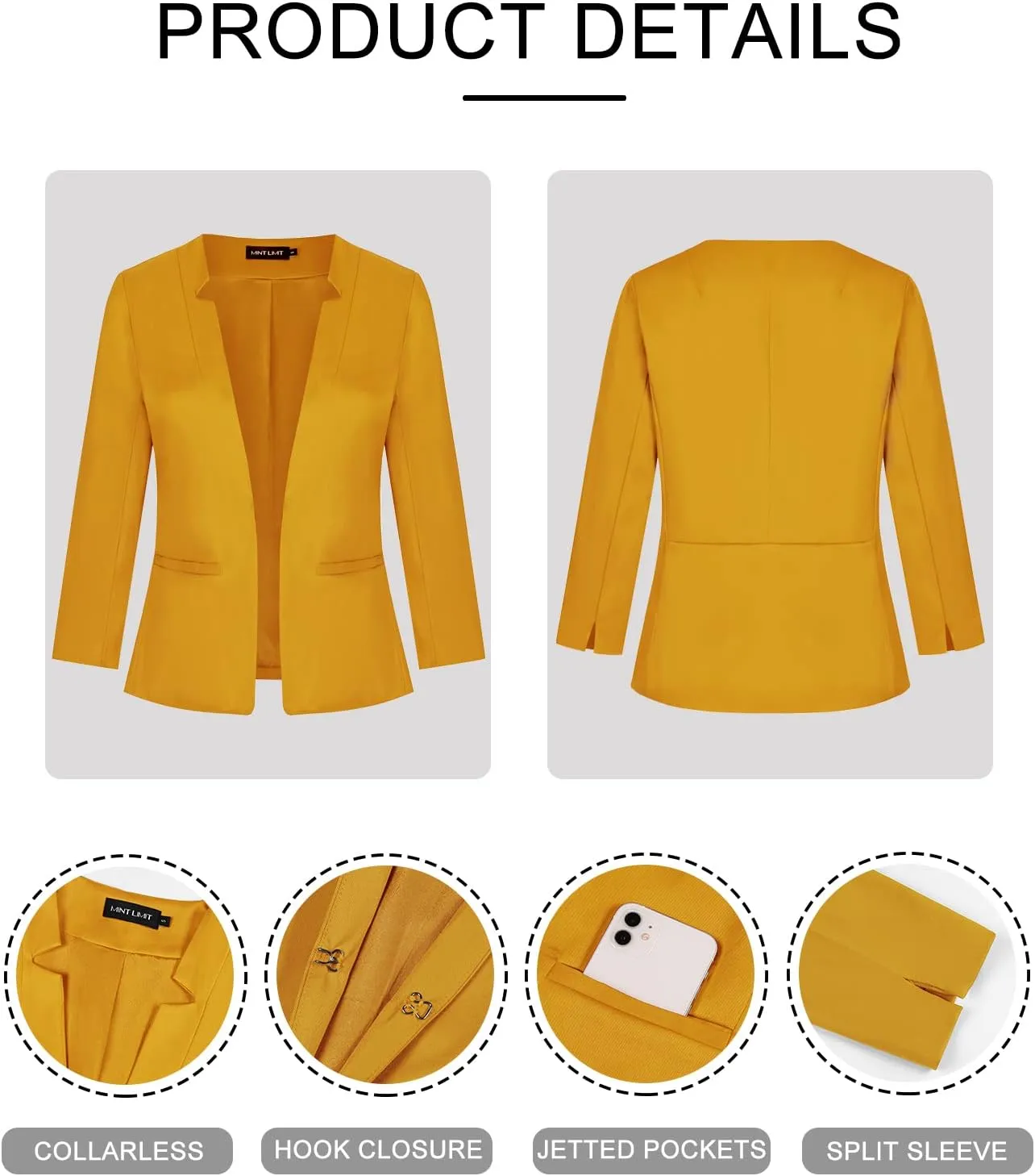 MINTLIMIT Womens 3/4 Sleeve Blazers Collarless Open Front Business Blazer Office Suit Jackets with Pockets