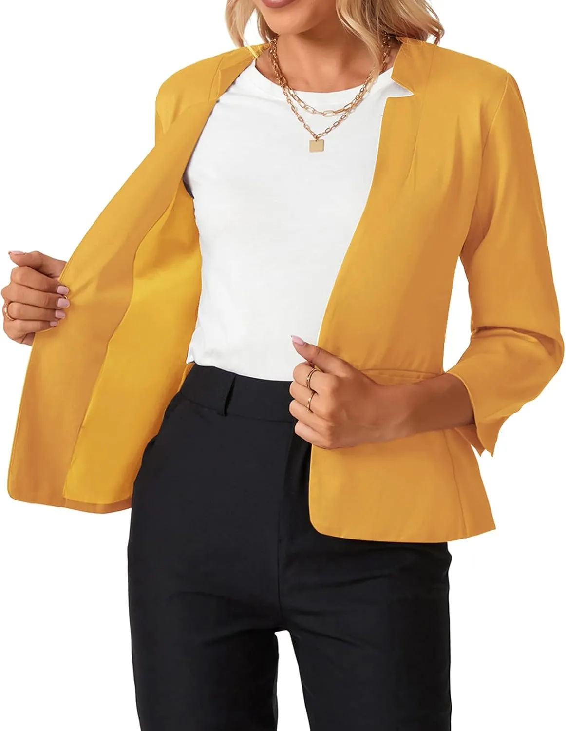MINTLIMIT Womens 3/4 Sleeve Blazers Collarless Open Front Business Blazer Office Suit Jackets with Pockets
