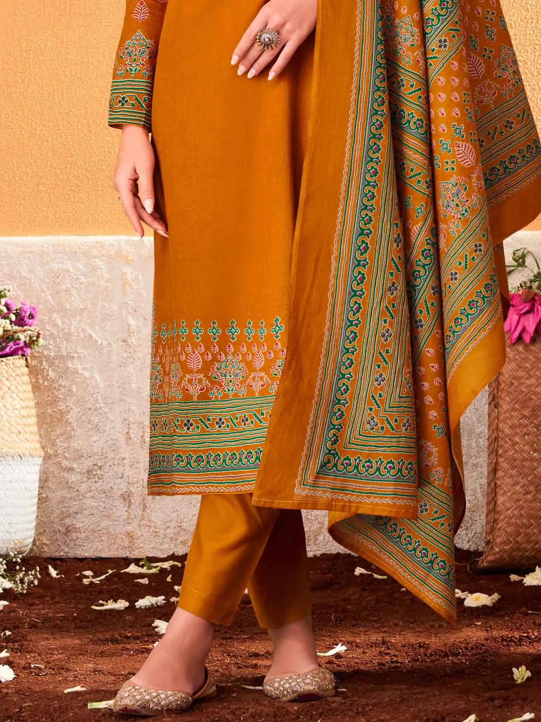 Mumtaz Arts Pure Cotton Satin Unstitched Salwar Suit Mustard