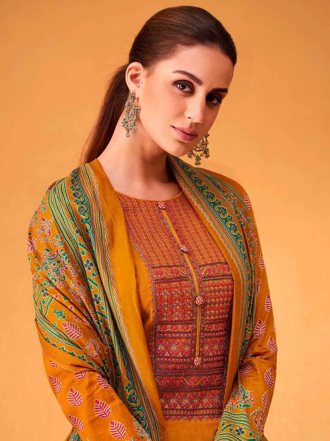 Mumtaz Arts Pure Cotton Satin Unstitched Salwar Suit Mustard