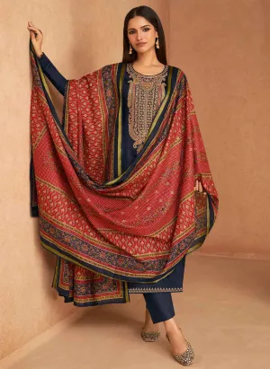 Mumtaz Arts Unstitched Blue Pure Cotton Satin Salwar Suit Dress Material