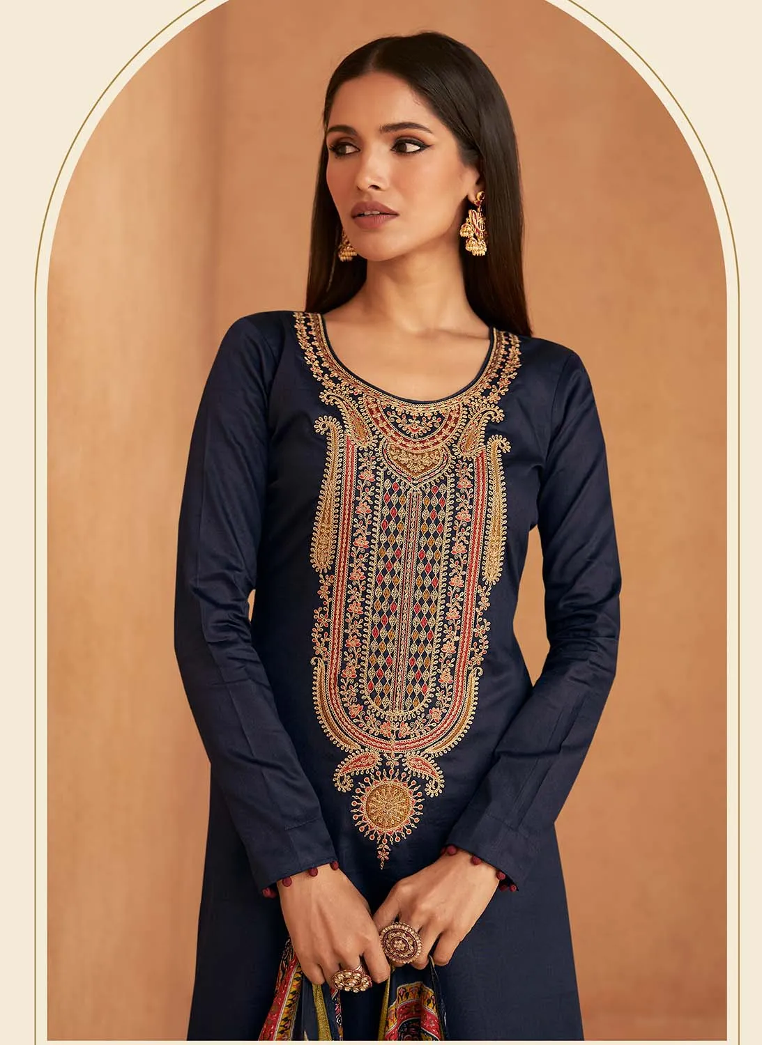 Mumtaz Arts Unstitched Blue Pure Cotton Satin Salwar Suit Dress Material